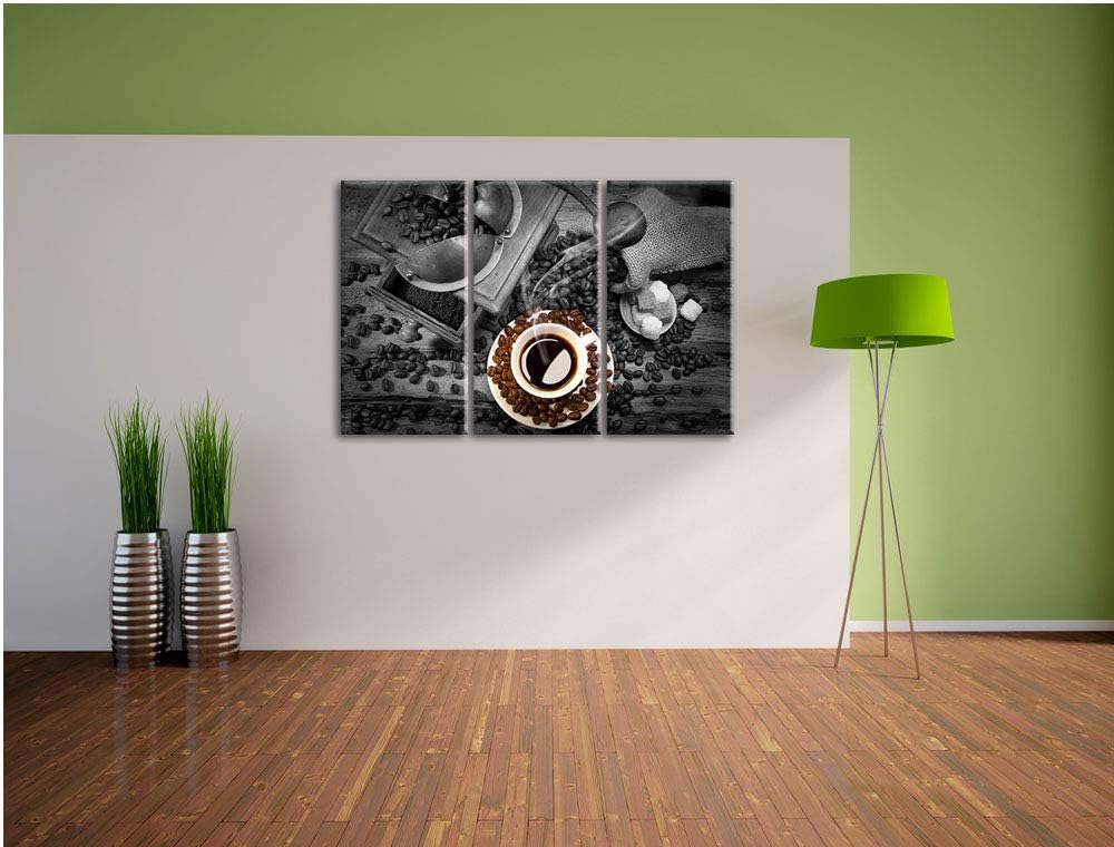 brühwarmer Kaffee mit Kaffeebohnen schwarz/weiss 3-Teiler Leinwandbild 120x80 Bild auf Leinwand, XXL