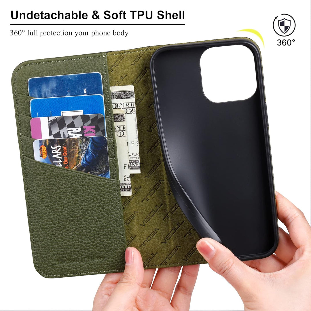 VISOUL iPhone 13 Pro Max Hülle, Stossfeste Handyhülle [100% Rindsleder] [RFID Schützt] [Kartenfächer