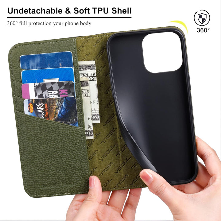 VISOUL iPhone 13 Pro Max Hülle, Stossfeste Handyhülle [100% Rindsleder] [RFID Schützt] [Kartenfächer