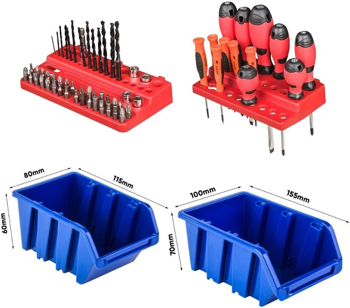 PAFEN Lagersystem - 1544 x 780 mm - Wandregal 75x Blau Stapelboxen und 38 stück Rot Werkzeughalter |