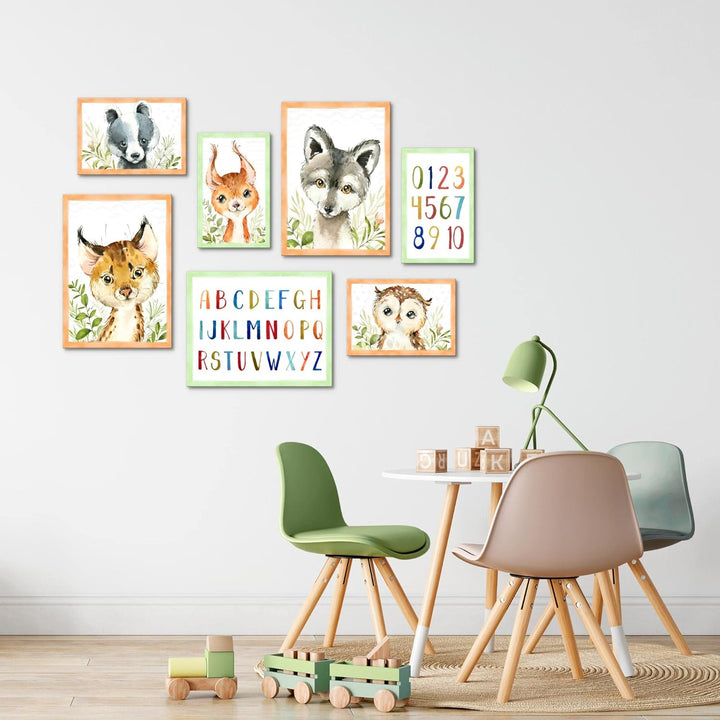 Novart Wandbilder Waldtiere - KOMPLETT AUFHÄNGFERTIG - Grau Kinderzimmer Mädchen Junge- 7 Moderne Mo