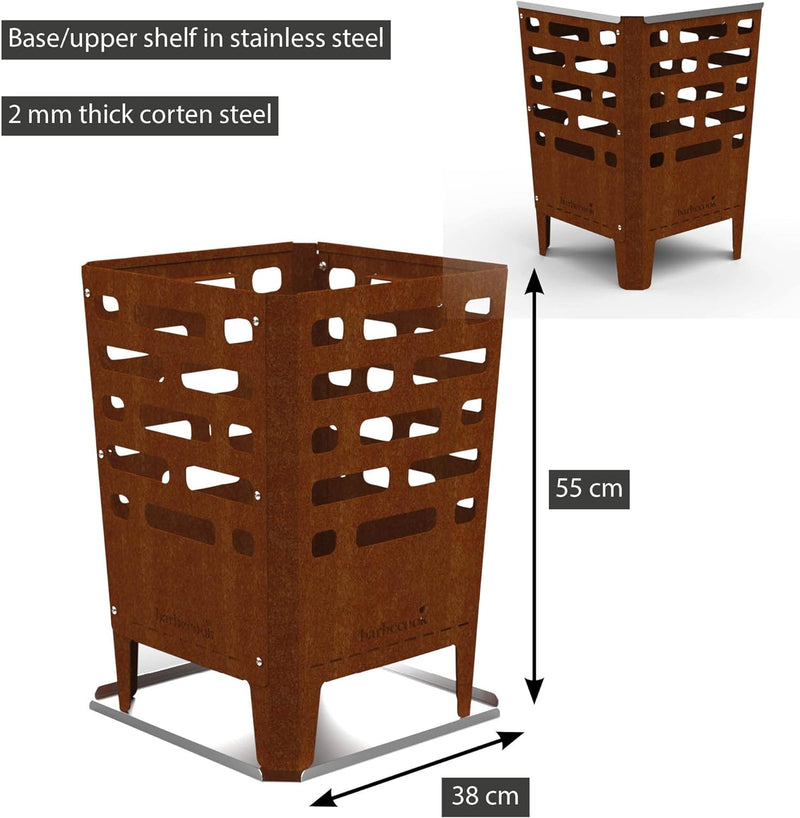 Barbecook Jill feuerschale, eckig, gartendeko rostoptik, Cortenstahl, 38 x 38 x 55 cm