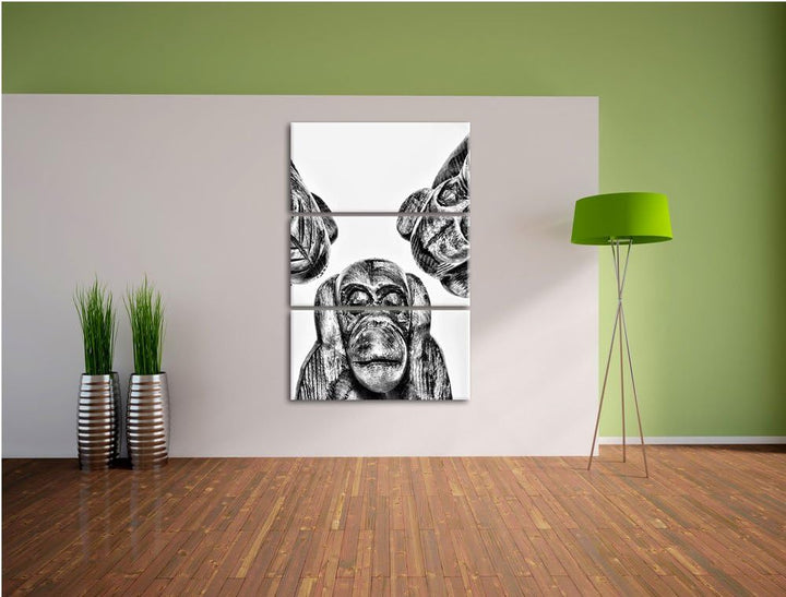 Pixxprint Monocrome, Nichts hören, Nichts sehen, Nichts Sagen, Skelette 3-Teiler Leinwandbild 120x80