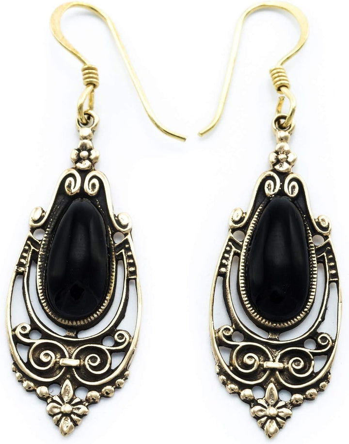 WINDALF Mittelalter-Ohrhänger TALINA h: 5 cm Onyx Edle Bronze