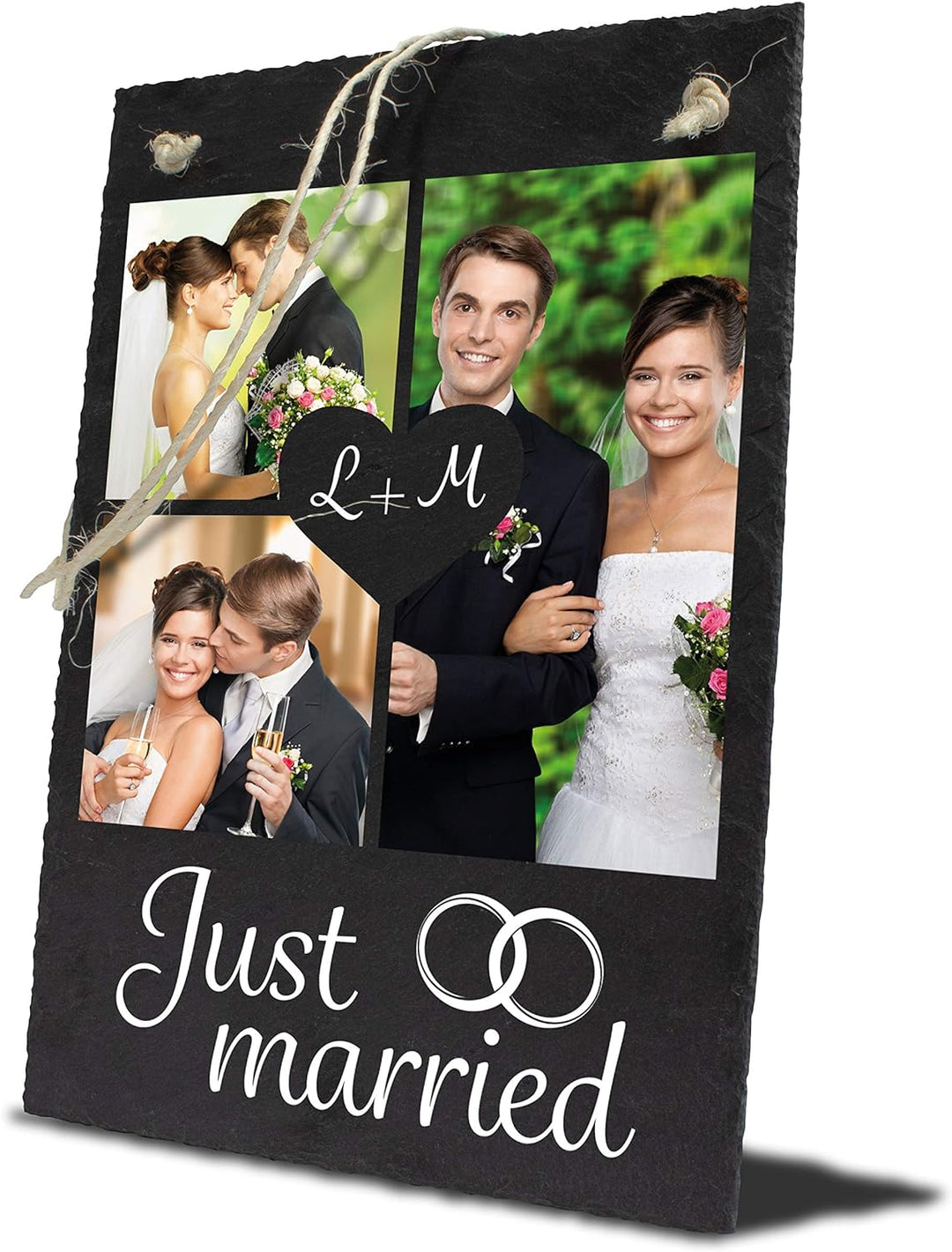 wandmotiv24 Schiefertafel Hochzeit Just Married, Aufhängeschild mit Strick, Personalisierbar Digital