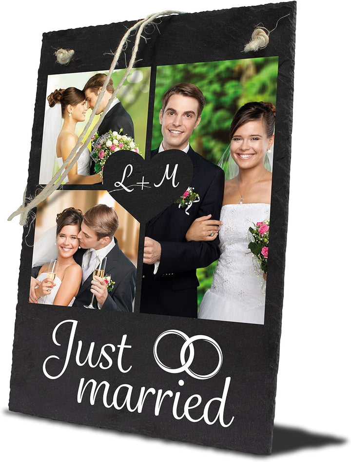wandmotiv24 Schiefertafel Hochzeit Just Married, Aufhängeschild mit Strick, Personalisierbar Digital