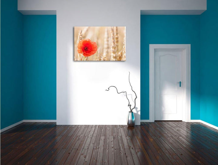 Mohnblume im Kornfeld, Format: 100x70 auf Leinwand, XXL riesige Bilder fertig gerahmt mit Keilrahmen