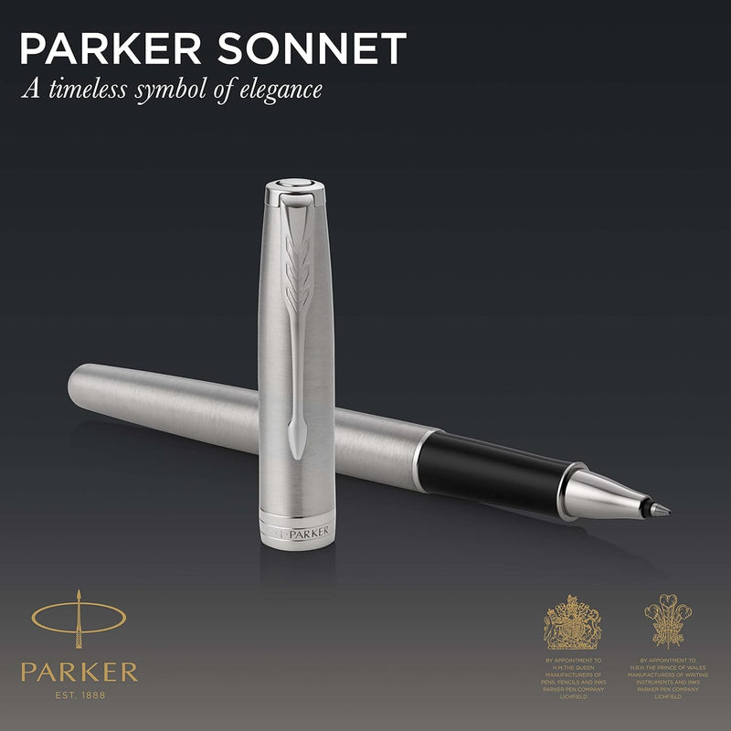 Parker Sonnet Tintenroller | Edelstahl mit Palladiumzierteilen | feine Spitze | Schwarze Tinte | Ges