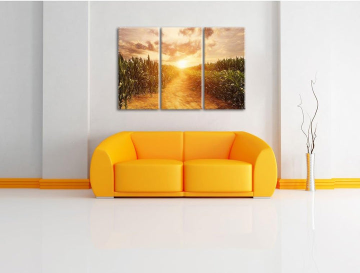 Pixxprint Pfad durch sonniges Feld Kunst Buntstift Effekt 3-Teiler Leinwandbild 120x80 Bild auf Lein