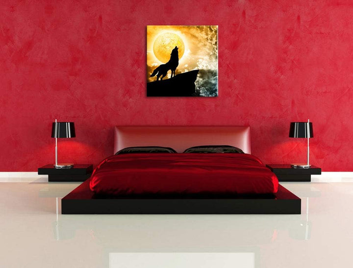 Wolf heult den Mond an, Format: 70x70 auf Leinwand, XXL riesige Bilder fertig gerahmt mit Keilrahmen