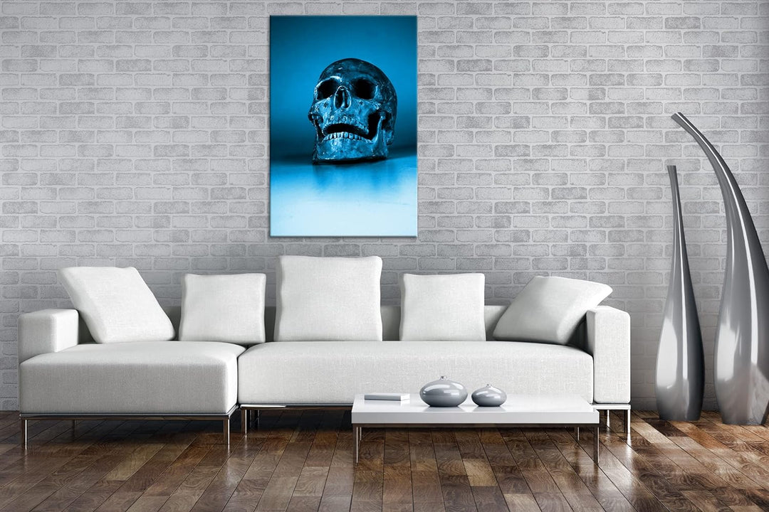 deyoli goldener Schädel Format 80x60 Effekt: Monocrome Blau als Leinwandbild, Motiv fertig gerahmt a
