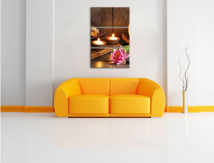 Pixxprint Kerzen mit Zen Steinen und Seerose als Leinwandbild | Grösse: 3 Teilig (120x80) | Wandbild