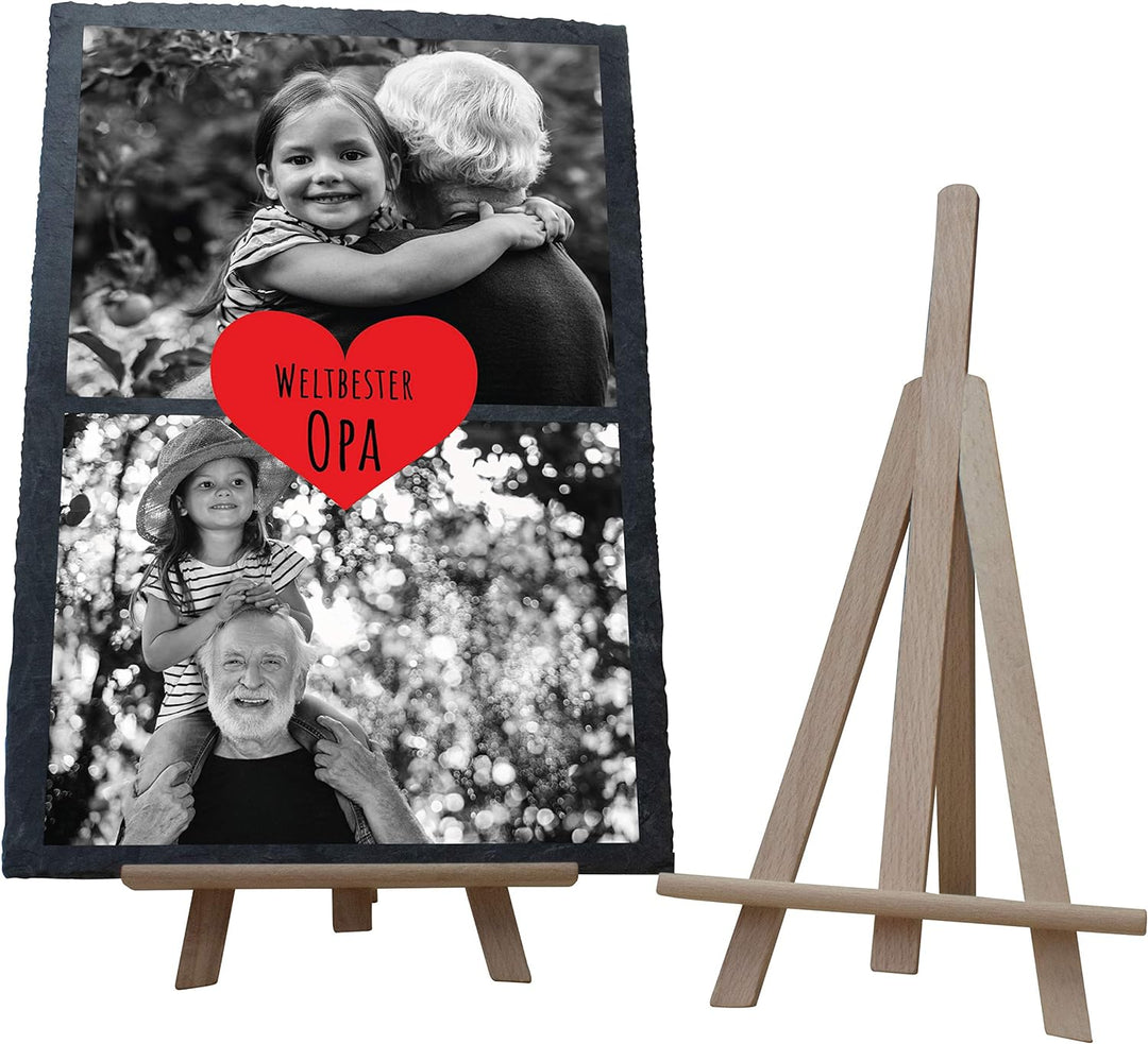 wandmotiv24 Schiefertafel Bester Opa mit Holz-Staffelei, Personalisiert mit 2 Schwarzweiss-Fotos, Di