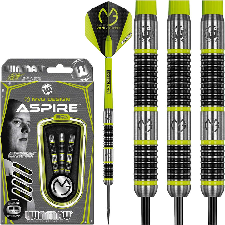 WINMAU Michael van Gerwen MvG Aspire Tungsten Steeltip Dart-Set mit Prismen-Flights und Nylon-Schäft