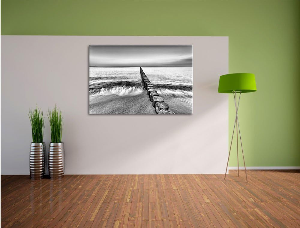 Pixxprint Monocrome, Baumstümpfe die ins Meer führen, Format: 100x70 auf Leinwand, XXL riesige Bilde