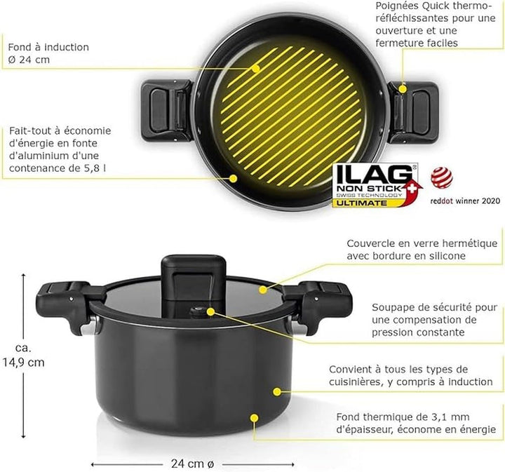 N8WERK Aluguss-Energiespartopf 5,8 L | Wärmeabweisende Griffe, Glasdeckel mit Silikonumrandung | Inn