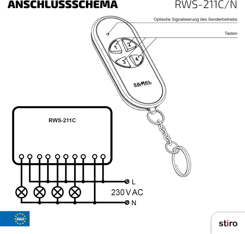 ETERO Funkschalter Set mit Sender, 4-Kanal, RWS-211C/N