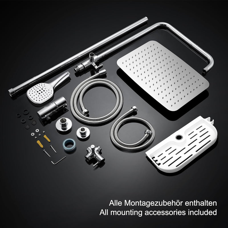JOHO Regendusche Duschsystem ohne Duscharmatur Chrom Duschset mit Ablage, Duschkopf, Duschstange, Du