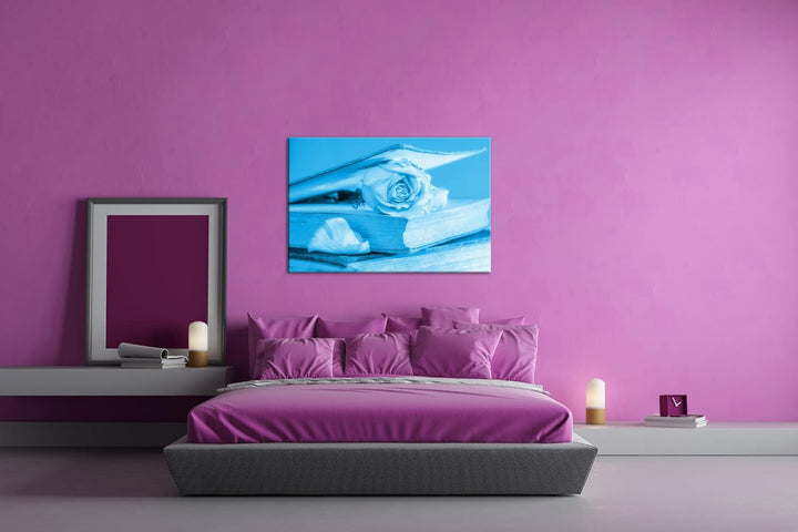 deyoli weisse Rose im Buch Format: 60x40 Effekt: Monocrome Blau als Leinwand, Motiv fertig gerahmt a