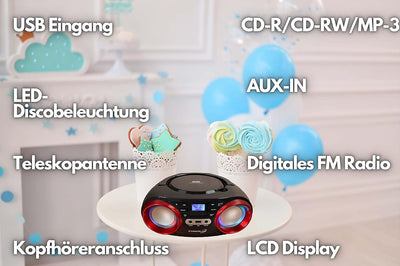 Tragbarer CD-Player | LED-Discolichter | Boombox | CD/CD-R | USB | FM Radio | AUX-In | Kopfhöreransc