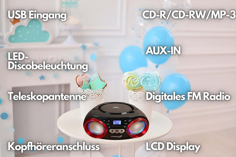 Tragbarer CD-Player | LED-Discolichter | Boombox | CD/CD-R | USB | FM Radio | AUX-In | Kopfhöreransc