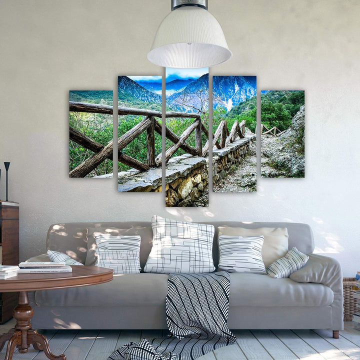 Feeby Bild auf Leinwand Landschaft 5 Teilig Modern Natur Berge Wanderweg grün 150x100 cm Leinwandbil