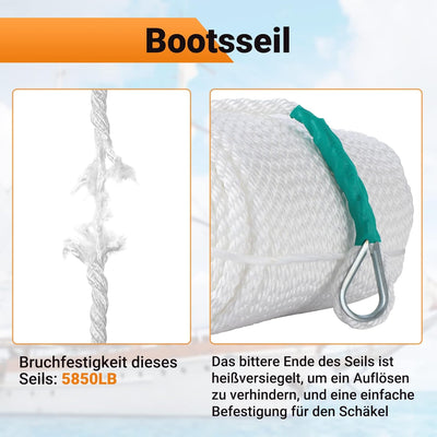 CarBole Tauwerk für Boote,Bootsseil,Nylon Seil,1/2"x300' (12mm*91m),Dock Line Rope 12mm 2653KG (5850