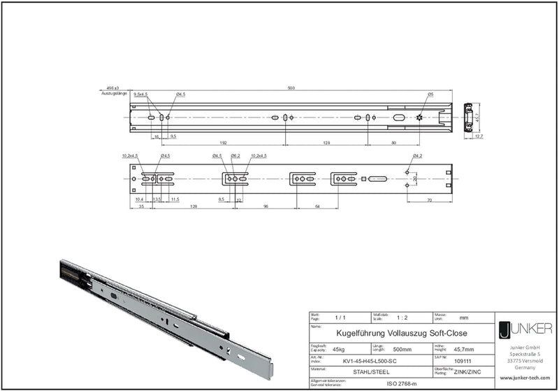 Junker 2 Paar Vollauszüge KV1-45-H45- L500-SC 500 mm mit Selbsteinzug u. Dämpfung (SoftClose) Telesk