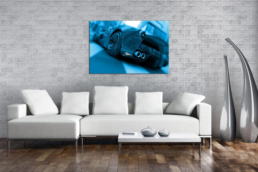 deyoli eleganter roter Sportwagen Format 80x60 Effekt: Monocrome Blau als Leinwandbild, Motiv fertig