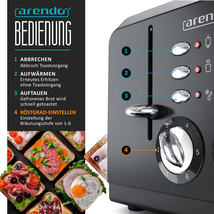 Arendo - Automatik Toaster 4 Scheiben in Edelstahl - bis zu vier Sandwich und Toast-Scheiben - Bräun