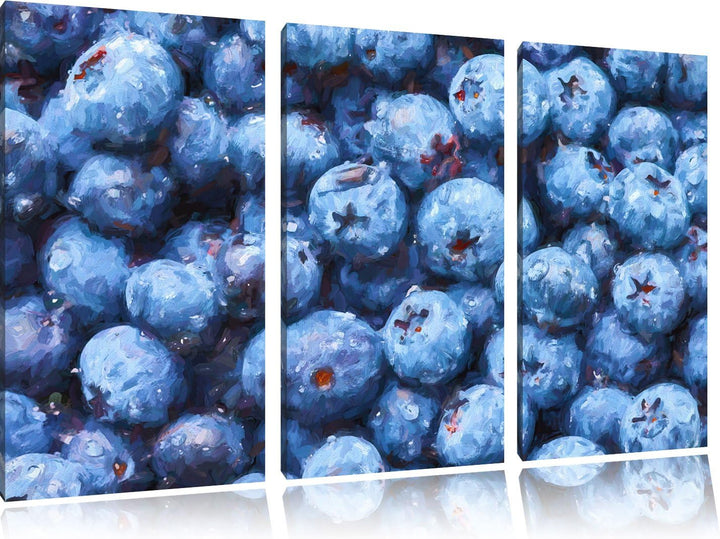 Pixxprint Blaubeeren mit Wassertropfen Kunst Pinsel Effekt 3-Teiler Leinwandbild 120x80 Bild auf Lei