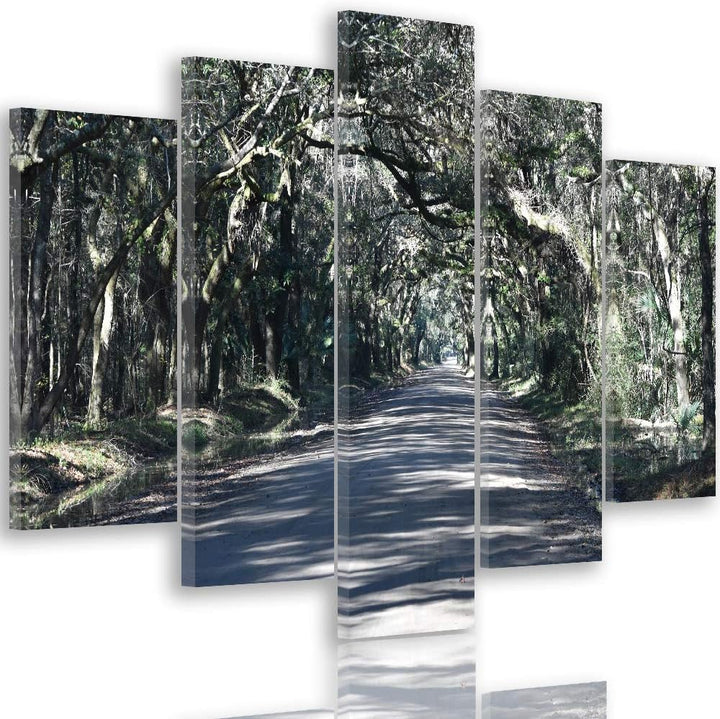 Feeby Leinwandbild Landschaft 5 TLG Bild Kunstdruck Weg Allee Wald Bäume grün 100x70 cm Leinwandbild