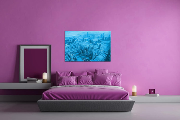 deyoli Skyline von Dubai Format 80x60 Effekt: Monocrome Blau als Leinwandbild, Motiv fertig gerahmt