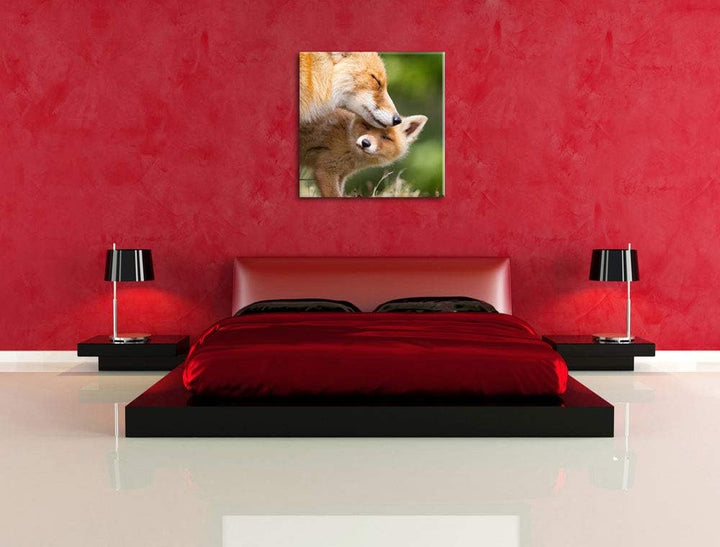 Kuschelnde Füchse, Format: 70x70 auf Leinwand, XXL riesige Bilder fertig gerahmt mit Keilrahmen, Kun