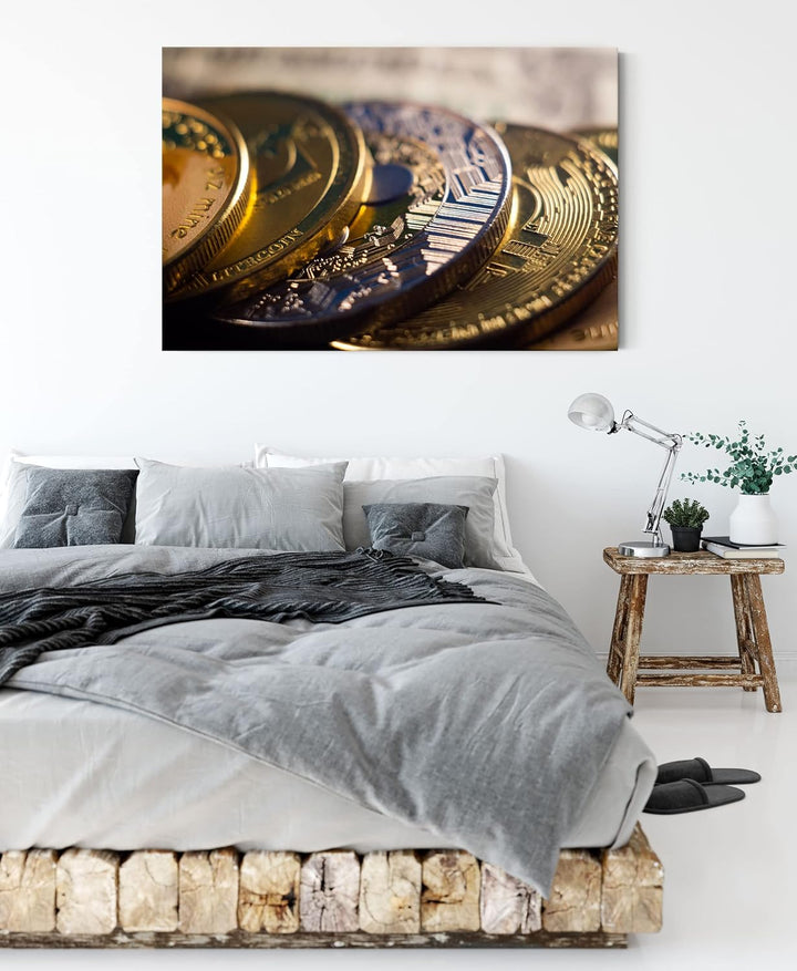 Pixxprint goldene Bitcoins BTC als Leinwandbild | Grösse: 120x80 cm | Wandbild | Kunstdruck | fertig