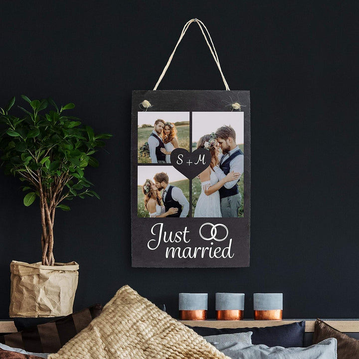 wandmotiv24 Schiefertafel Hochzeit Just Married, Aufhängeschild mit Strick, Personalisierbar Digital