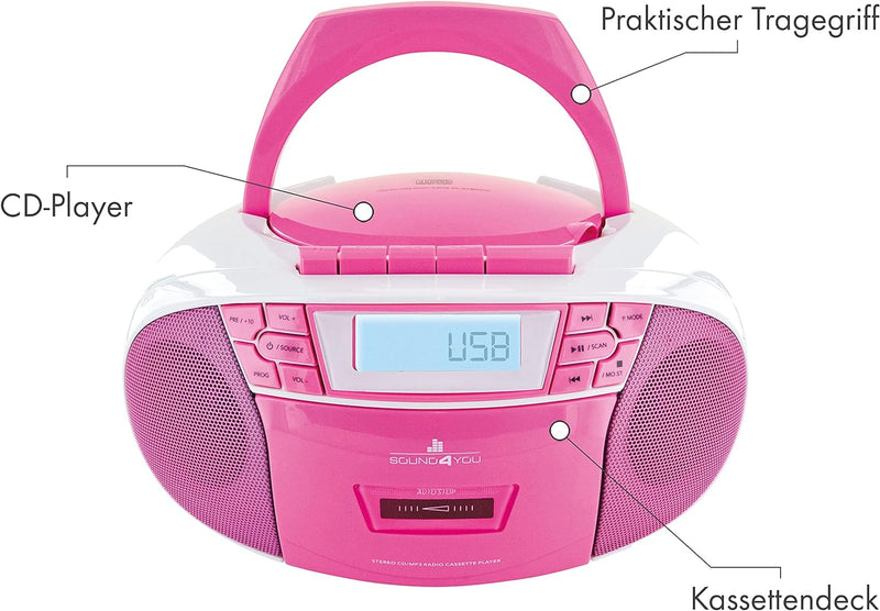 SCHWAIGER 661668 CD-Player mit Kassette und Radio MP3 USB Anschluss FM Radio AUX Kopfhörer Boombox N