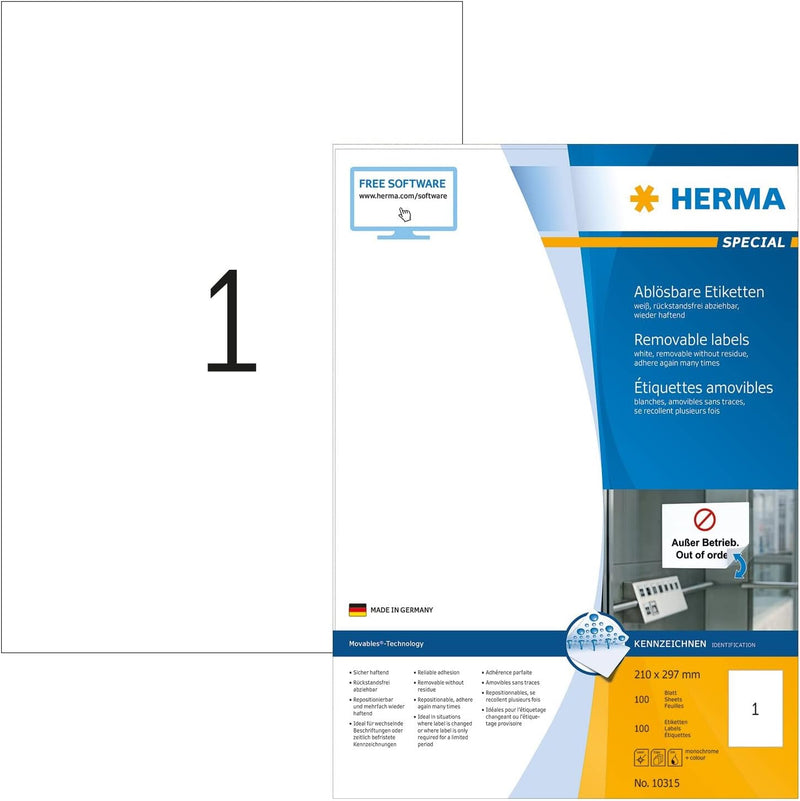 HERMA 10315 Universal Etiketten ablösbar, 100 Blatt, 210 x 297 mm, 1 Stück pro A4 Bogen, 100 Aufkleb