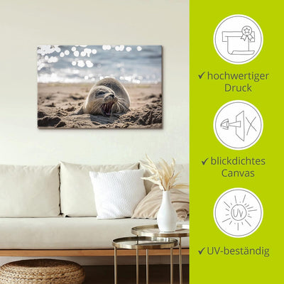 ARTland Leinwandbilder Wandbild Bild auf Leinwand 90x60 cm Wanddeko Baby Robbe Seehund Meer Strand L