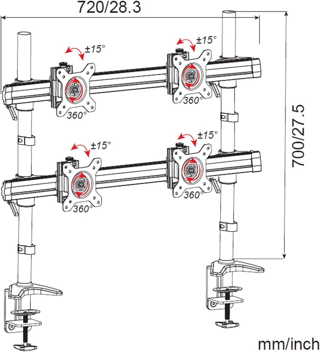 HFTEK 4-Fach-Monitorarm - Halterung Halter Tischhalterung für 4 Bildschirme von 15 bis 27 Zoll mit T