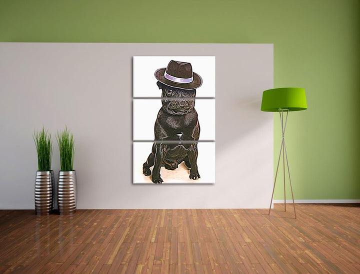 Mops mit Mafia Hut Spezial 3-Teiler Leinwandbild 120x80 Bild auf Leinwand, XXL riesige Bilder fertig