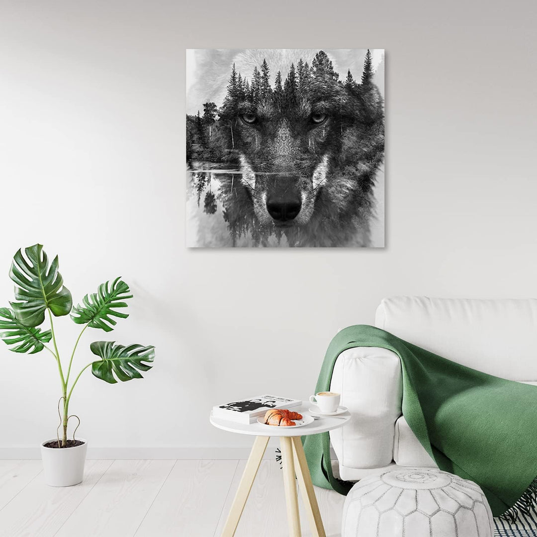 Feeby Wanddeko Abstraktion Natur Wolfskopf 50x50 cm Leinwandbild Kunstdruck Tier Raubtier See der Wä