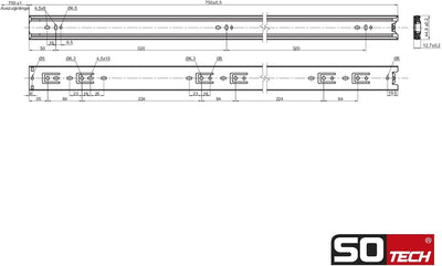 SOTECH 2 Paar (4 Stück) Vollauszüge KV1-45-H45-L750-NF 750 mm (eingeschoben) Schubladenauszug kugelg