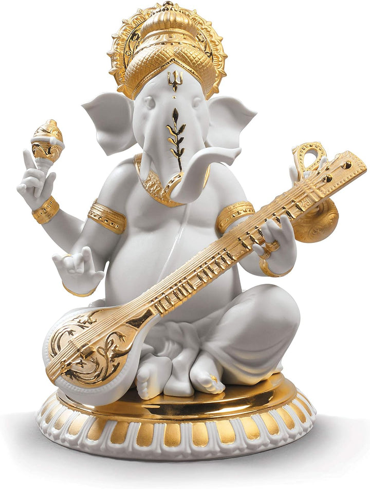 LLADRÓ Figur Veena Ganesha. Gold. Veena. Porzellan.