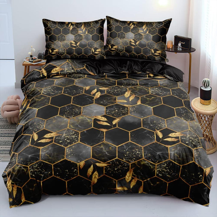 Schwarze Bettwäsche 135x200 4teilig Schwarz Gold Grau Marmor Optik Kariert 3D Motiv Wendebettwäsche