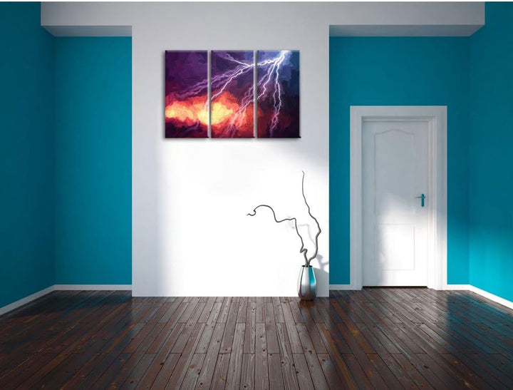 Pixxprint Blitze am Himmel Pinsel Effekt 3-Teiler Leinwandbild 120x80 Bild auf Leinwand