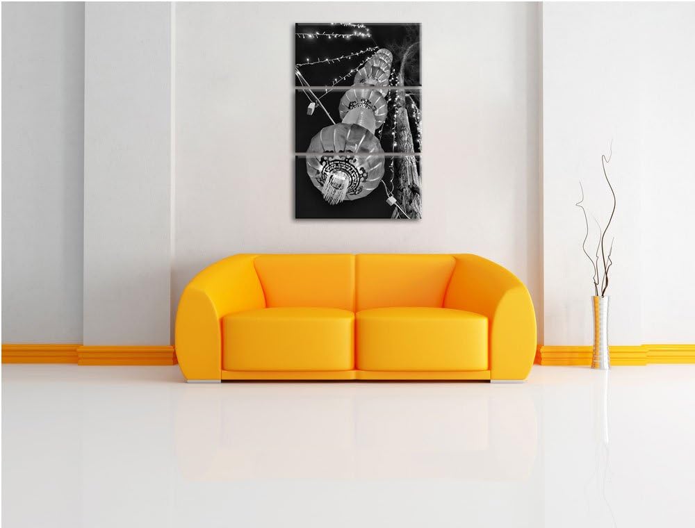 Pixxprint Monocrome, traditionelle chinesische Lampions 3-Teiler Leinwandbild 120x80 Bild auf Leinwa