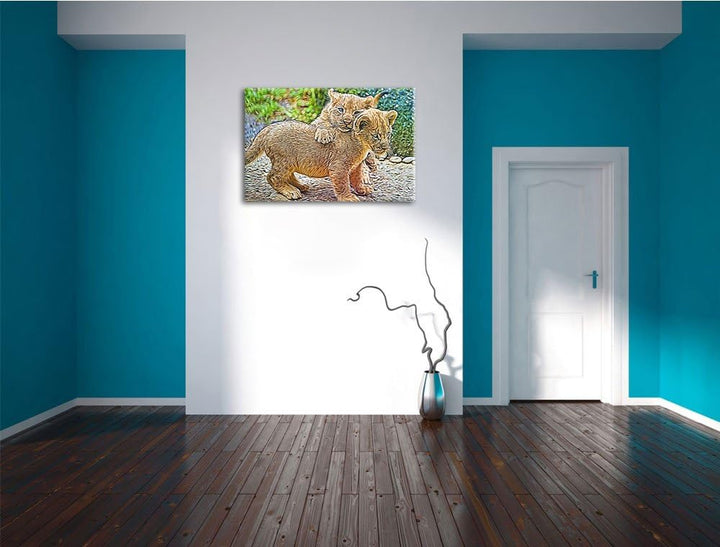 spielende Löwenjunge Deluxe Format: 100x70 cm auf Leinwand, XXL riesige Bilder fertig gerahmt mit Ke