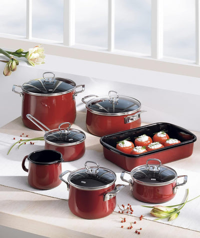 Riess, 0707-008, Kasserolle mit Glasdeckel, NOUVELLE, ROSSO EXTRA STARK, Durchmessser 16 cm, Höhe 14