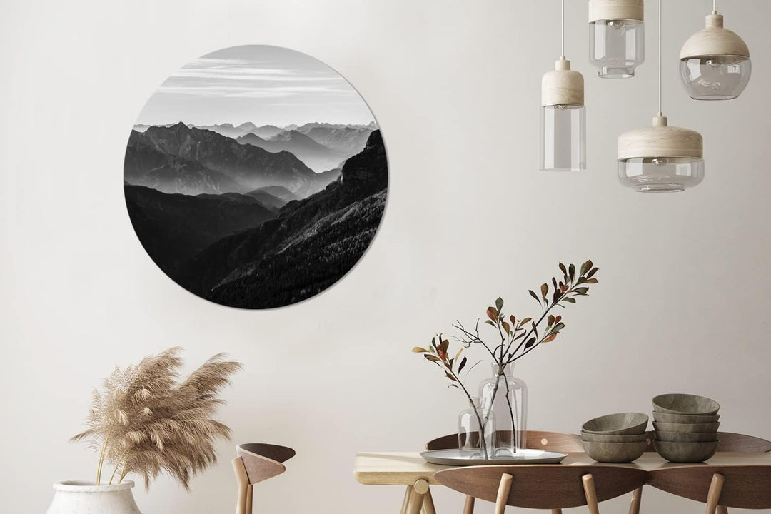 MuchoWow Wandbild Rund Wanddeko Deko Wohnzimmer Bilder 90x90 cm Berge - Natur - Nebel, 90x90 cm